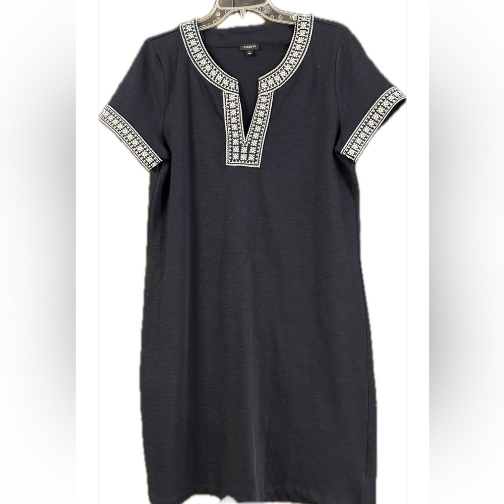 Talbots Black Shift Dress with Embroidered Trim Sz L